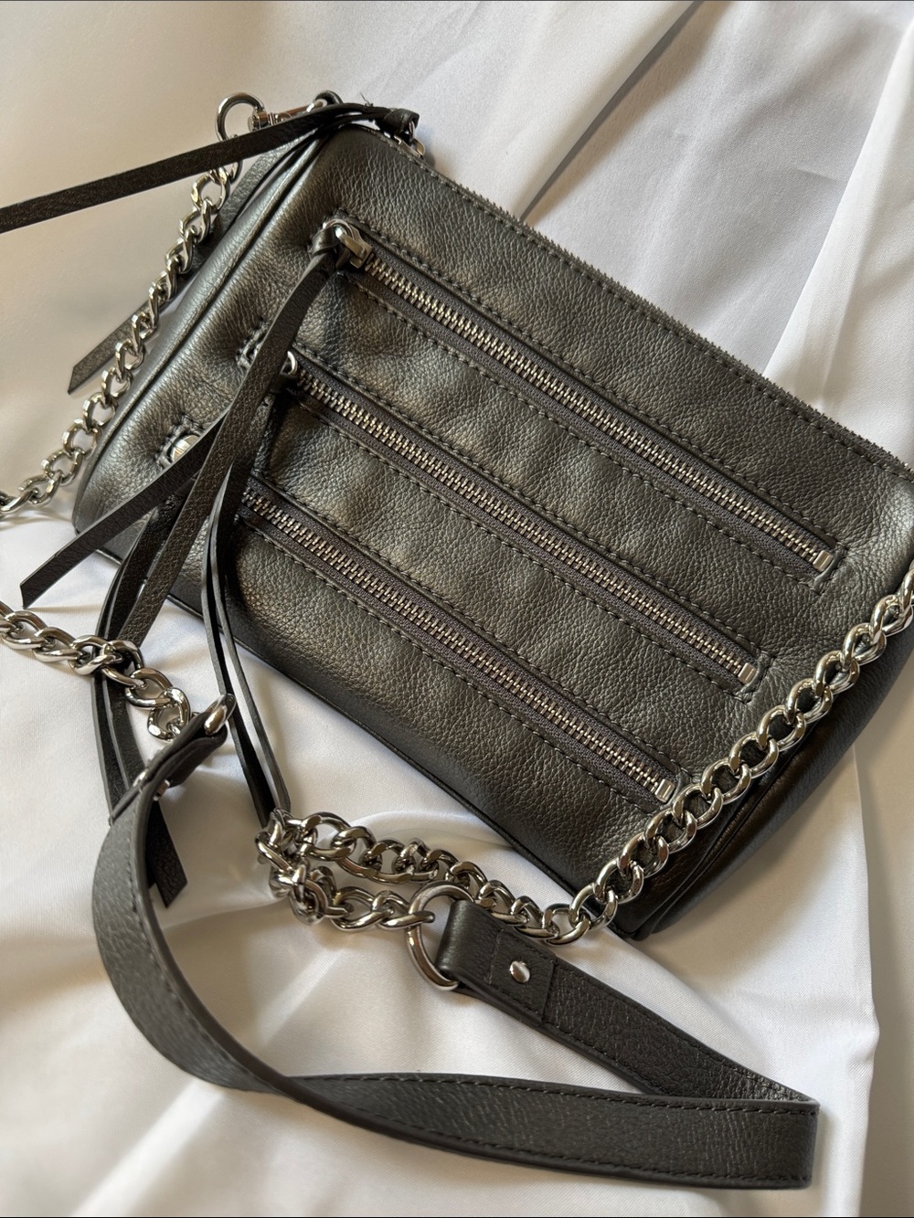 Danier Leather Gray Leather Crossbody with Silver Chain Trim